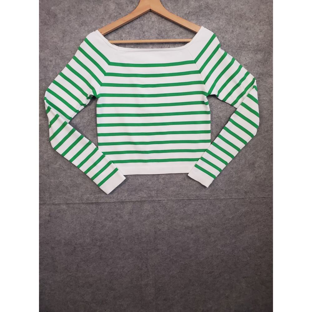 Women's OQQ Size XL Green & White Stripe Long Sleeve Stretch Crop Top